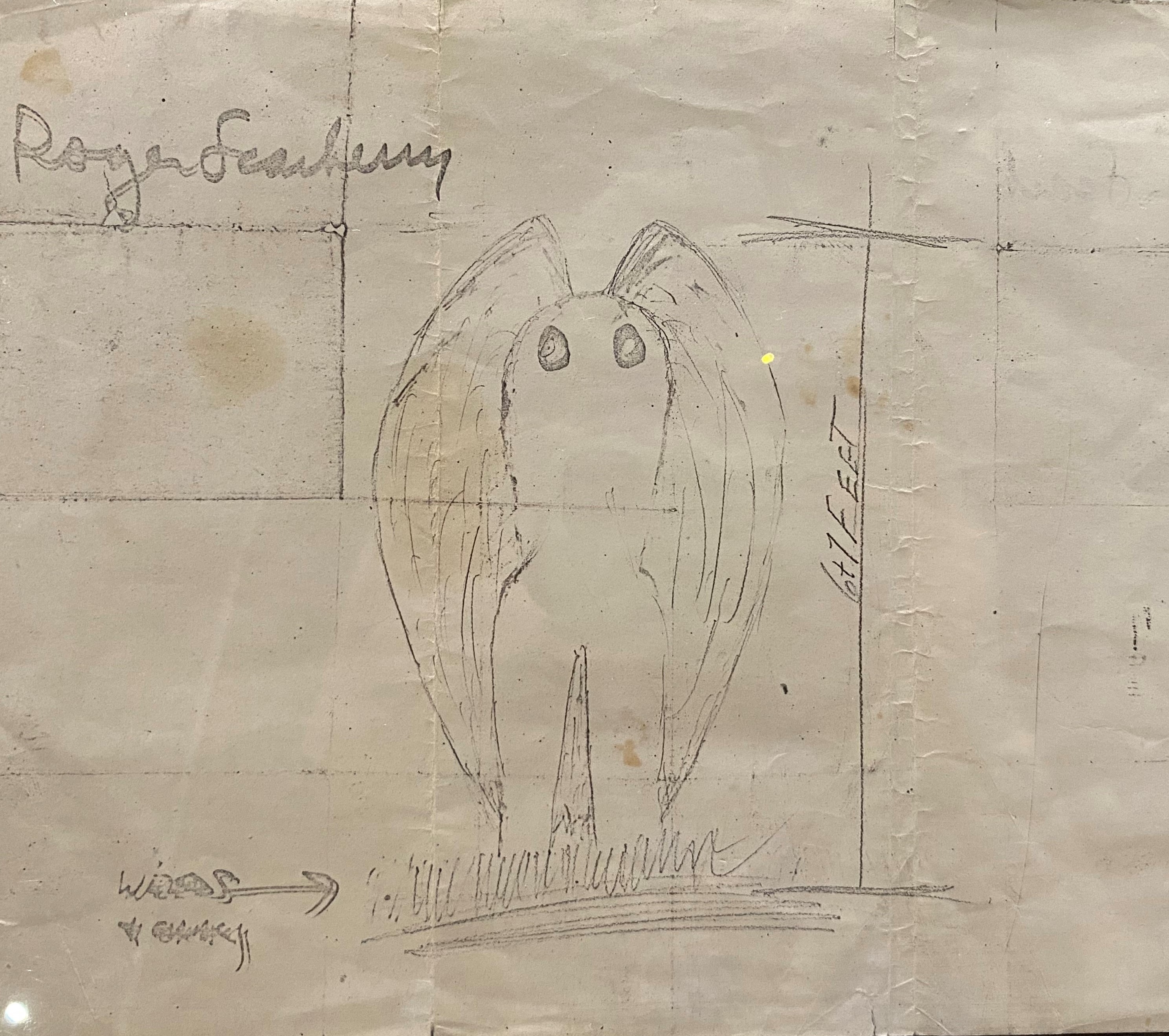 Image of a sketch made by Roger Scarberry of the Mothman, on display in The Mothman Museum in Pont Pleasant, WV